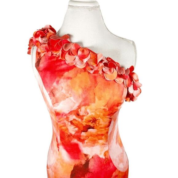 Rene Ruiz Collection One Shoulder 3D Applique Gown Fit Flare Dress Orange Size 2 - Picture 5 of 13